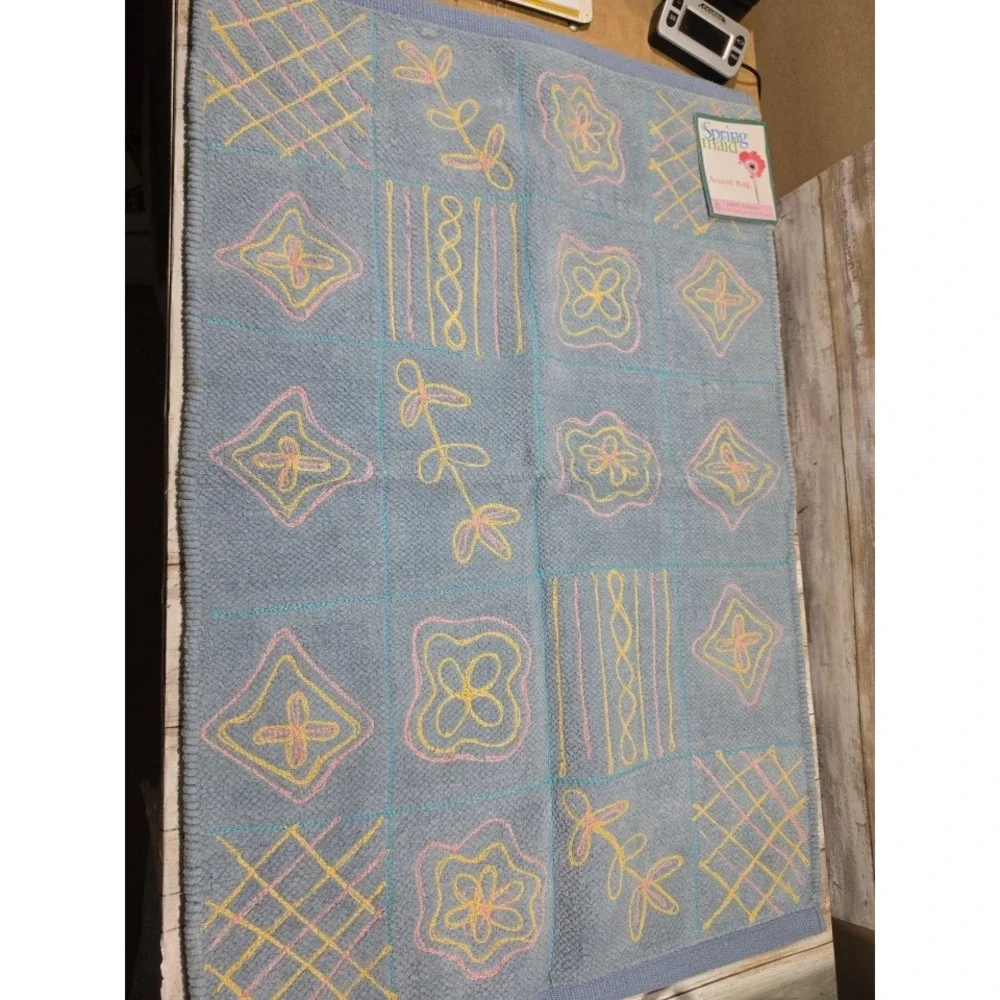 Springmaid Colony Patch Blue Accent Rug 22x34 Cotton Embroidered Floral READ